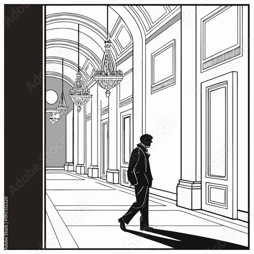 Black and white of a man walking in a hallway with arched ceiling