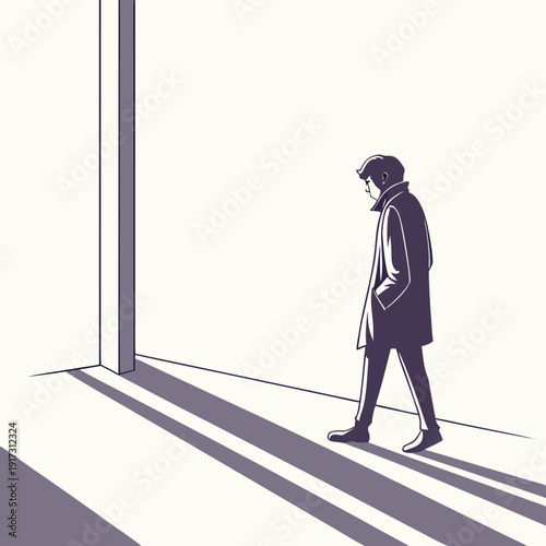 Man in coat walking alone in empty room with shadows