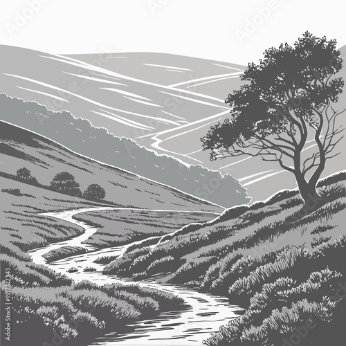 Grayscale landscape of rolling hills and tree beside stream