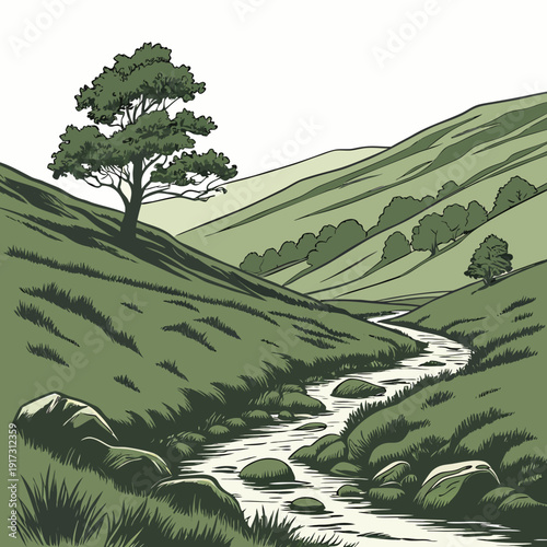 Green hillside with tree and winding stream rolling hills