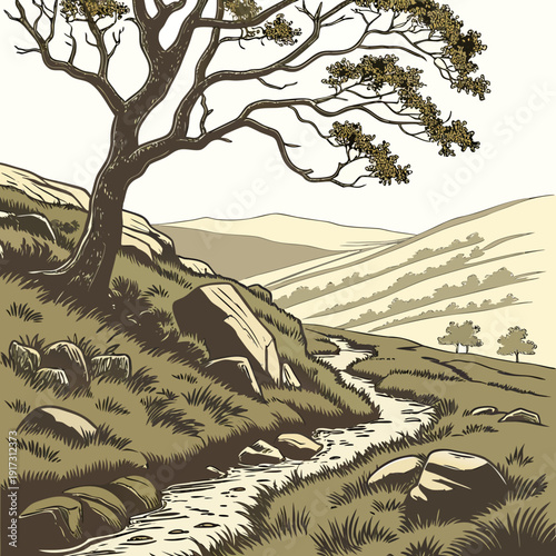 Sepia of a tree beside a stream in an upland area rocks