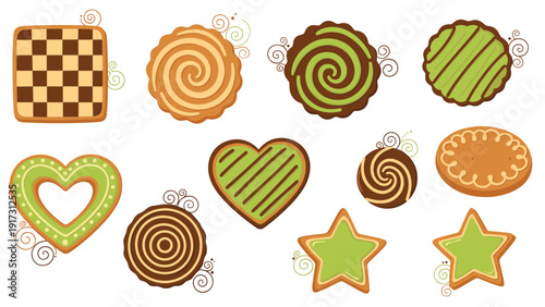 Extensive collection of uniquely shaped and decorated green and chocolate cookies with spiral and striped patterns.