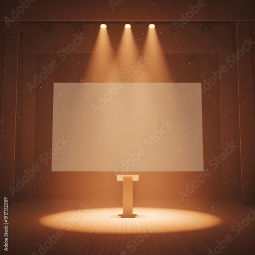 따뜻한 조명이 비치는 빈 무대와 화이트 스크린 empty stage with spotlight beams and a blank white screen