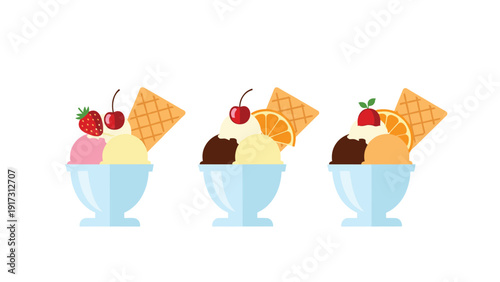 Three glass bowls of colorful ice cream scoops with fruit, berries, cherries, and wafers in a row on white background.