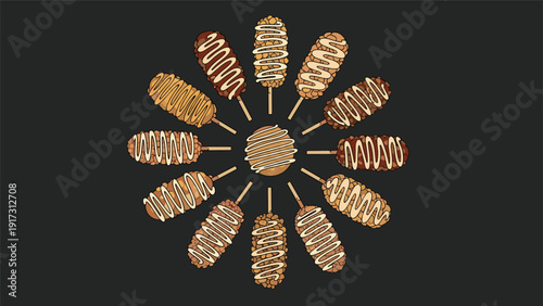 Symmetrical circular arrangement of different breaded corn dogs with various sauces on a dark gray background.