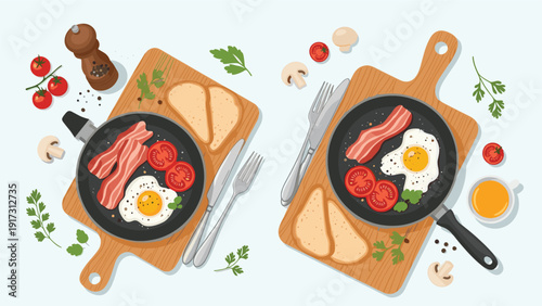 Breakfast spread features fried eggs with bacon strips and sliced tomatoes served on wooden boards with toast and coffee.