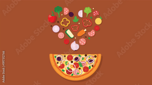 Sliced pizza with a variety of toppings shown with floating ingredients arranged in a heart shape to symbolize a love for food.