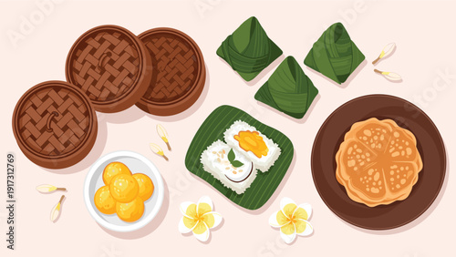 Traditional Asian dessert assortment includes sticky rice with mango and leaf wrapped dumplings presented in steaming baskets.