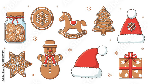 Christmas gingerbread cookies of various shapes like trees and snowmen arranged with festive accessories and holiday gifts.
