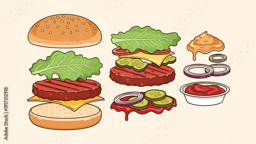 Deconstructed burger components including buns lettuce beef patty pickles onions and sauces shown in an exploded view.