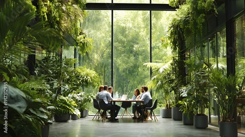 Business Meeting in a Lush Greenhouse Setting.