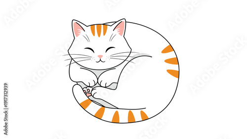 Adorable white cat with orange stripes curled up in a tight ball and sleeping peacefully on a plain white background.