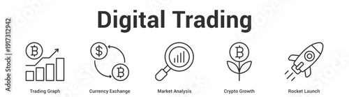 Digital Trading web banner icon set vector illustration concept for business with icon of Trading Graph, Currency Exchange, Market Analysis, Crypto Grow.
