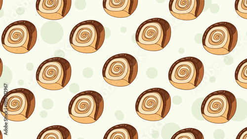 Seamless pattern of delicious cinnamon rolls with chocolate glaze and spiral design creates a mouth-watering food background.