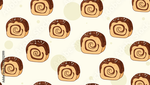 Continuous pattern featuring slices of chocolate swiss rolls with cream filling and sprinkles against a light beige background.