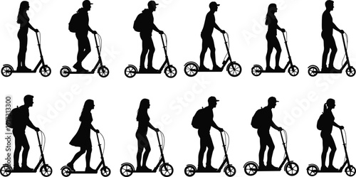 Electric scooter rider silhouettes collection isolated on white background, urban mobility transport vector illustration set