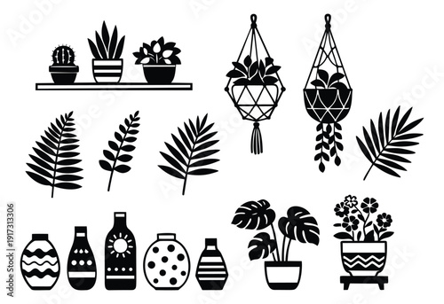 Hand drawn houseplant and vase set featuring potted plants, leaves, and decorative pottery for home decor