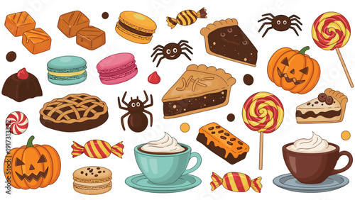 Extensive collection of Halloween themed treats including pumpkin faces, pies, candies, cupcakes, and spiders is displayed on white background.