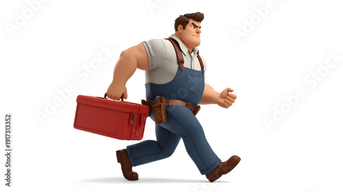 cartoon illustration of a muscular handyman running with a red toolbox, isolated on a white background