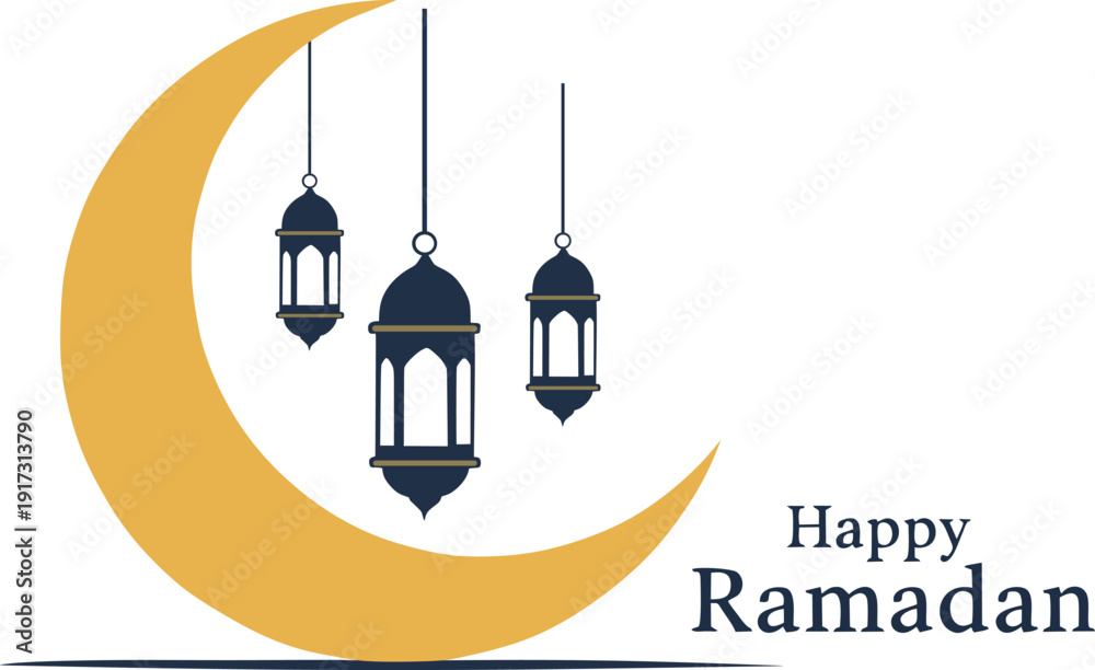 Fototapeta premium Happy Ramadan Greeting with Crescent Moon and Hanging Lanterns
