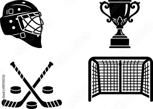 Hockey icon set, helmet trophy sticks puck goal collection, sport equipment symbols, black silhouette vector illustration isolated on white background design