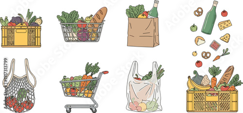 Hand drawn vector grocery shopping collection, food basket paper bag cart fresh products icons set isolated on white background illustration