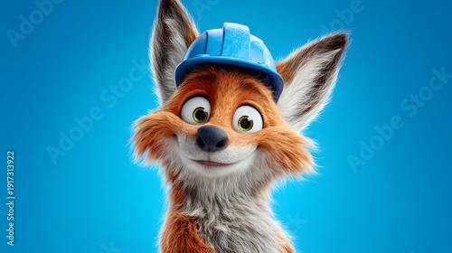 Charming Cartoon Fox Wearing a Blue Hard Hat on a Vibrant Blue Background.