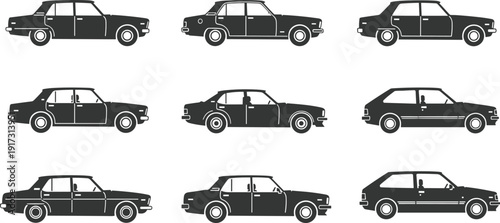Retro car silhouettes set isolated on white background, classic sedan and hatchback automobile vector illustration collection