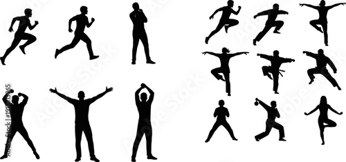 Active people silhouette set running jumping exercising stretching throwing poses isolated on white background, sports fitness action collection, human figure vector illustration clipart design