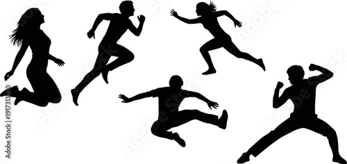 Jumping athlete silhouettes collection dynamic men and women action poses isolated on white background, sports fitness movement vector illustration clipart set