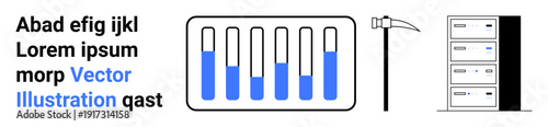 Bar chart with blue-filled bars, pickaxe symbolizing mining, and server racks for data processing. Ideal for analytics, technology, mining, big data, research, information systems and simple landing