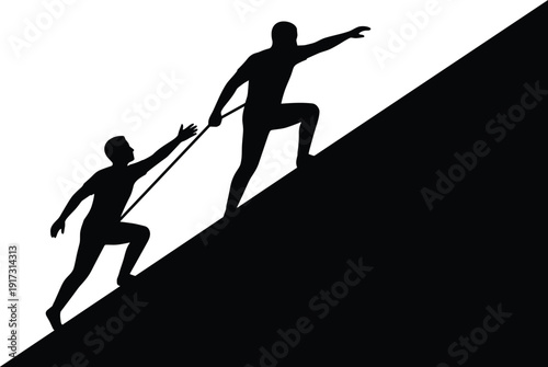 Two men climbing steep mountain black silhouette with one climber helping partner using rope representing teamwork success support leadership motivation and overcoming business obstacles