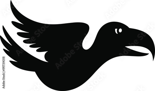 PrintBlack silhouette of a flying bird mascot with wings spread isolated on white background stylized eagle or raven icon,