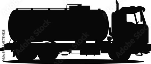 Black silhouette of a large industrial fuel tanker truck side view isolated on white background heavy logistics transport delivery,