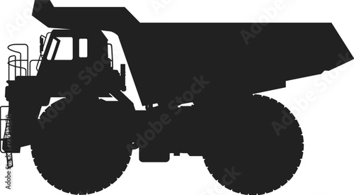 Black silhouette of a large mining dump truck side view isolated on white background heavy industrial construction equipment vehicle,