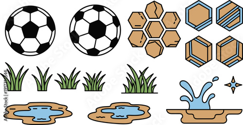 Soccer and sports elements set, flat vector illustrations with classic footballs, honeycomb pattern icons, green grass tufts, water puddles and splashes isolated on white background.