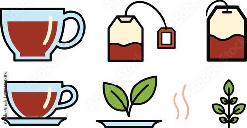 Tea set with cups and tea bags, flat vector illustrations with glass cups filled with black tea, tea bags with labels, green tea leaves and steam icons isolated on white background.