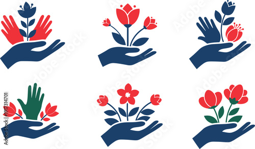 Beautiful flower and human hand icon set for gardening nature care environmental protection charity love and growth symbol