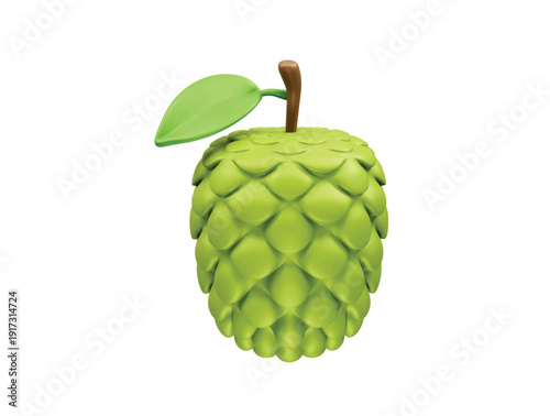 Green Custard Apple Fruit with Leaf icon 3d illustration rendering