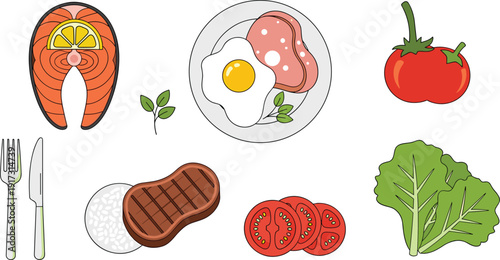 Healthy food and dinner meal set with salmon steak, fried egg, grilled meat, tomato and fresh lettuce on white background.