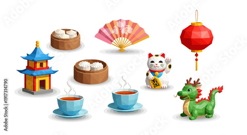 Illustrative arrangement showcasing iconic elements of Chinese culture with vibrant colors