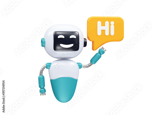 Robot Waving with 'Hi' Speech Bubble icon 3d rendering illustration