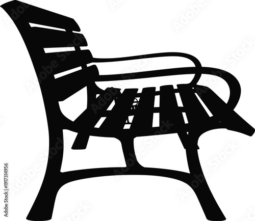 Black silhouette of an empty park bench side view isolated on white background wooden garden seat furniture outdoor,