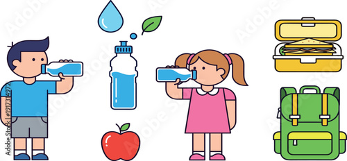 School kids with healthy lunch and hydration set, boy and girl drinking water with backpack and apple on white background.