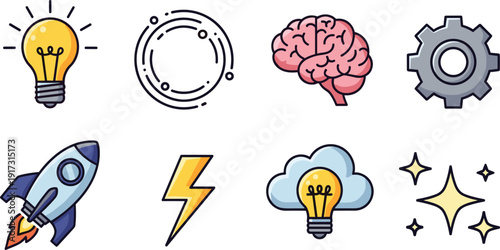 Creative ideas and innovation set with light bulb, brain, rocket launch, gear and lightning bolt icons on white background.