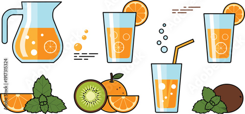 Fresh orange juice and citrus fruits set, flat vector illustrations with glass pitcher, juice glasses with straws, orange slices, kiwi fruit and mint leaves isolated on white background.