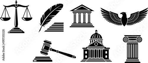 Law and justice icon set, court, gavel, scales, government vector illustration isolated black silhouette design collection legal symbols bundle