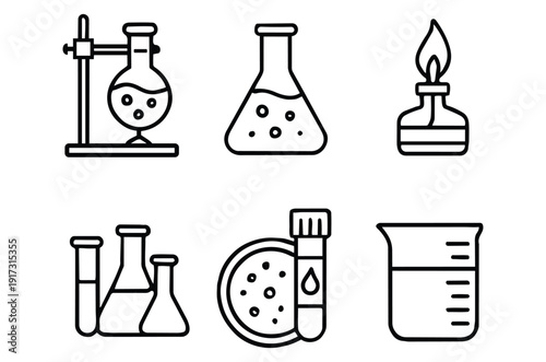 A collection of simple black and white line drawings depicting various laboratory glassware and equipment
