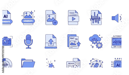 AI Generate Media File Icons Set with Image Video Audio Creation and Automation Symbols Vector Collection
