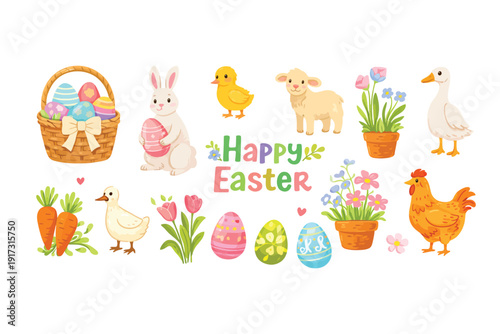A delightful collection of Easter-themed illustrations featuring a bunny, ducklings, a lamb, a chicken, carrots, tulips, and decorated eggs, all set against a white background.